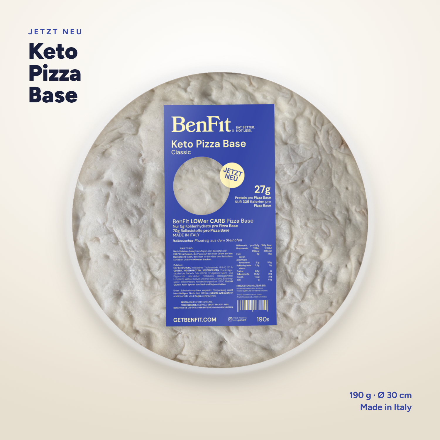 Keto Pizza Base – Low Carb Pizzaboden von BenFit, Verpackung