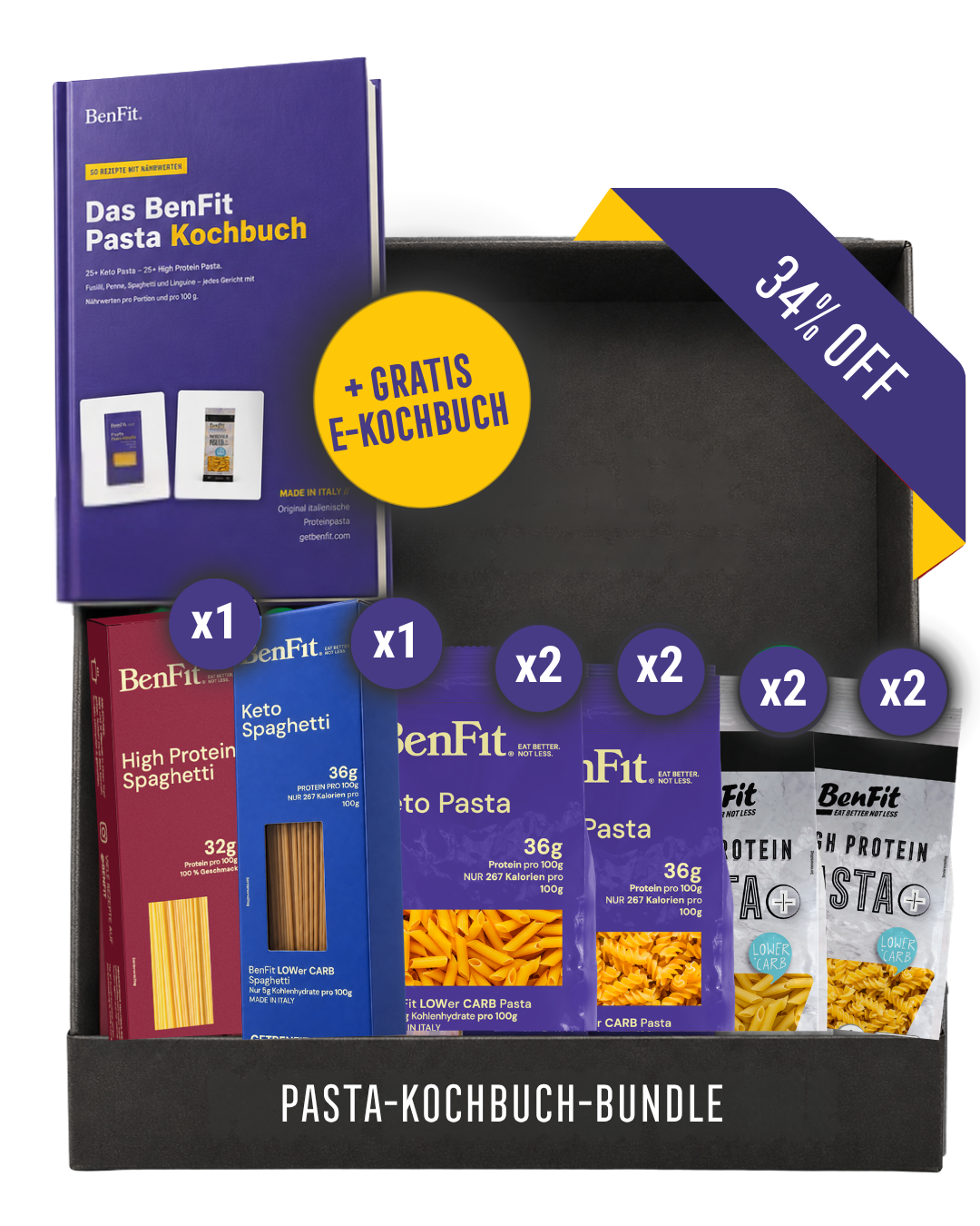 BenFit Pasta-Kochbuch-Bundle mit 10 Packungen Pasta und gratis E-Kochbuch