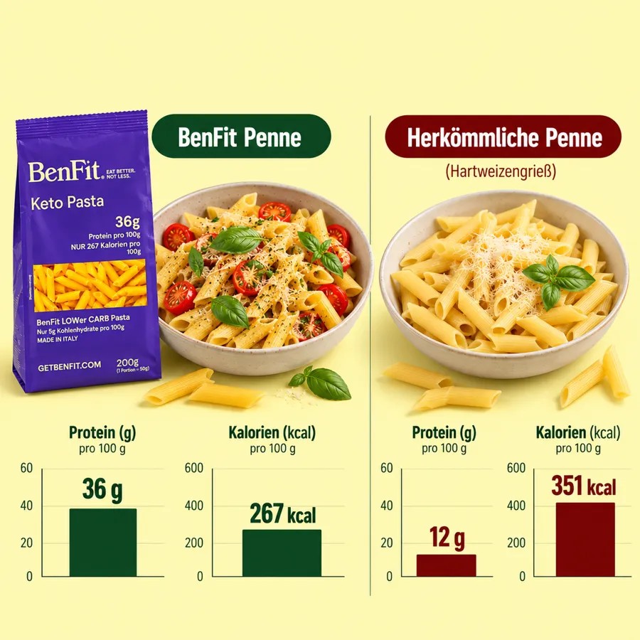 Vergleich BenFit Penne und herkömmliche Penne: Protein und Kalorien pro 100 g